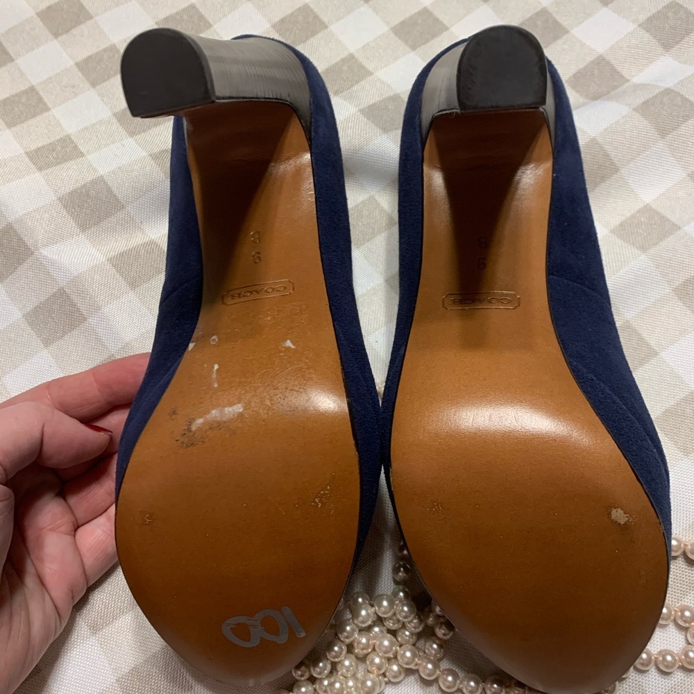 Coach Navy Suede Platform Peep-Toe Pumps - Picture 4 of 7